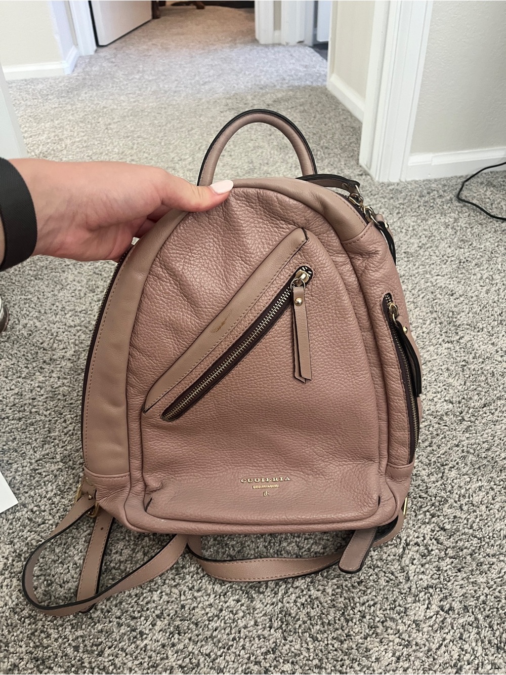 Small Pebbled Leather Backpack in Dusty Rose by Cuoieria Fiorentina
